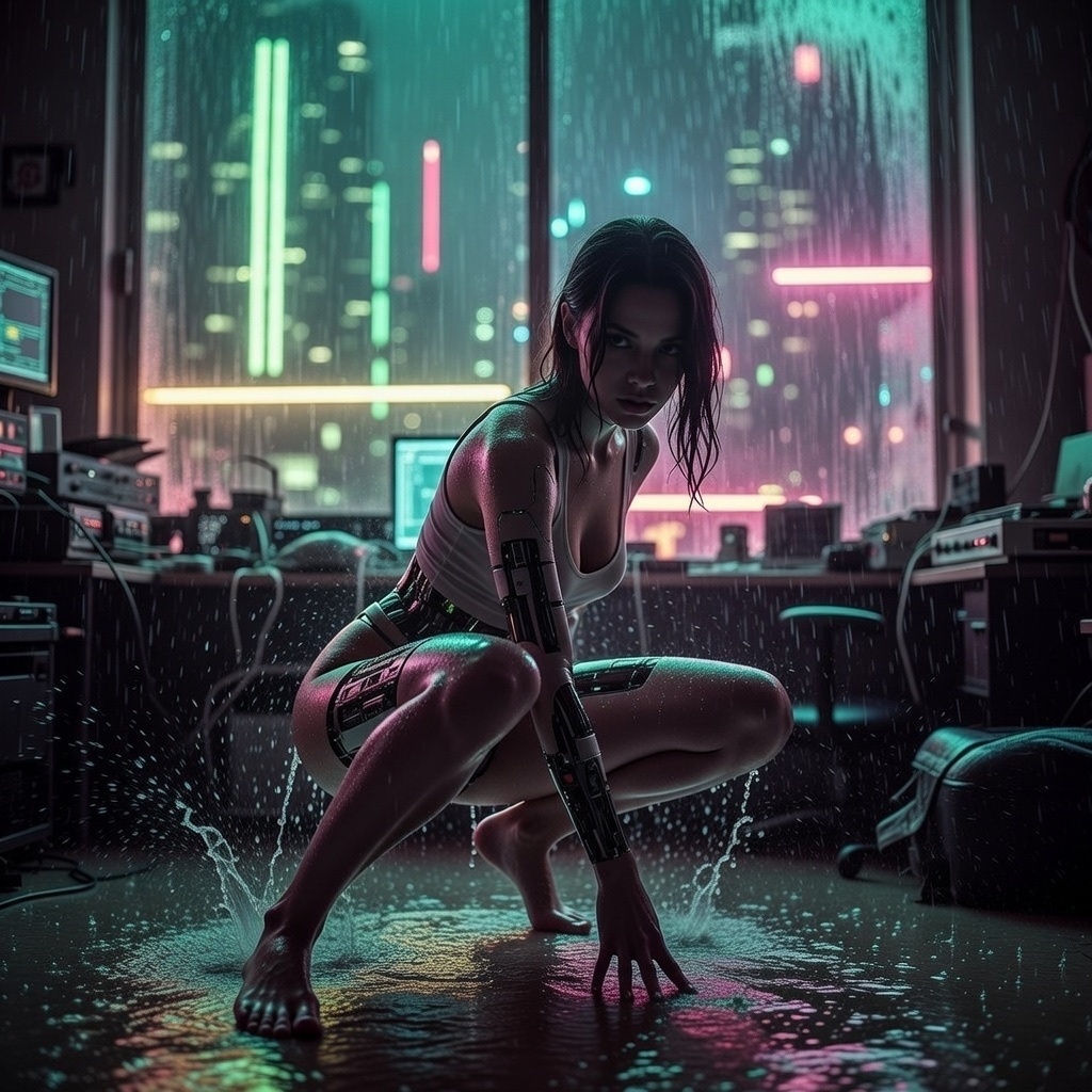 Squatting in a flooded, cluttered room filled with electronic equipment, a figure wears a white halter top and a thong with metallic blue accents, one arm fully replaced with a robotic prosthetic. Neon lights cast a vibrant glow across the wet floor, creating a moody and gritty atmosphere, captured from a low-angle perspective.