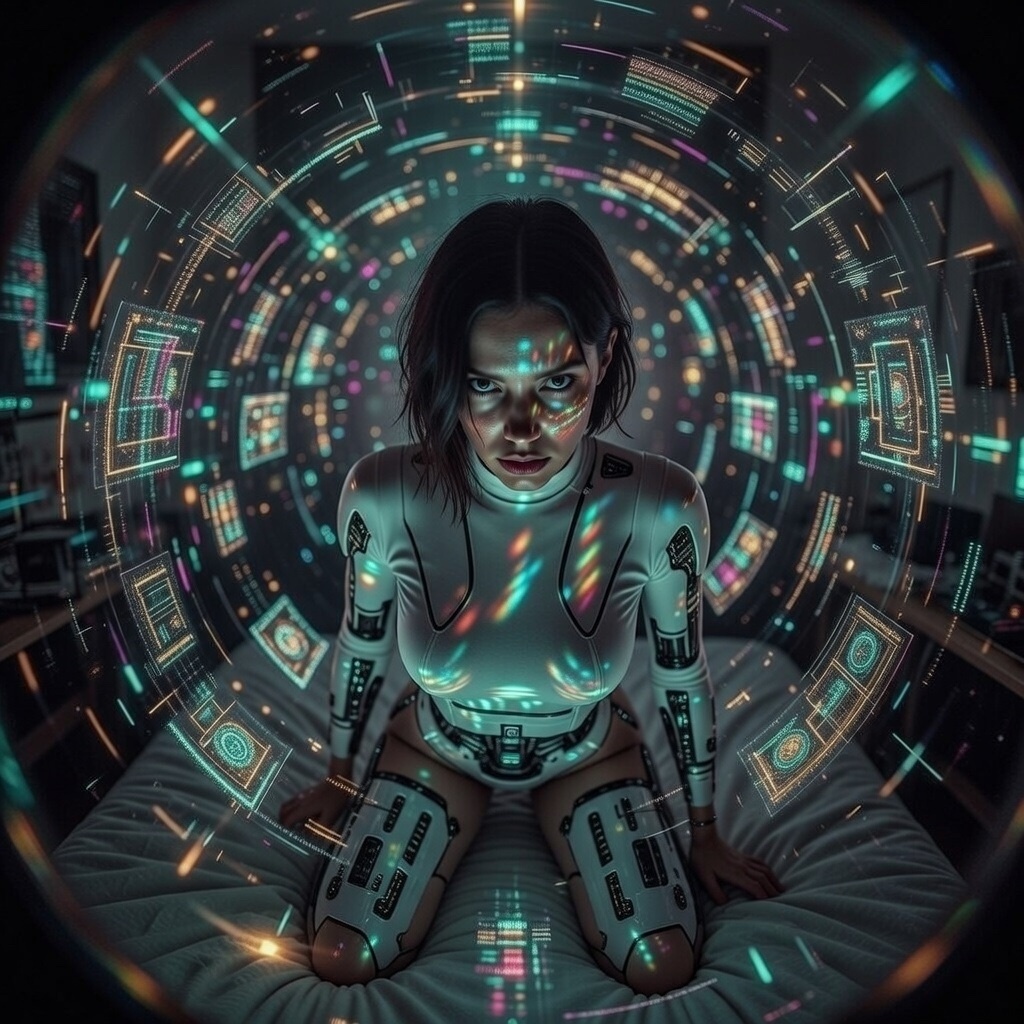 Wearing a white, high-necked bodysuit with black geometric paneling and a thong, the figure is kneeling and gazing directly at the camera with a stern expression. The environment is a futuristic tunnel of glowing blue and green digital interfaces, with dramatic, low-key lighting and a fisheye lens creating a distorted, immersive mood.